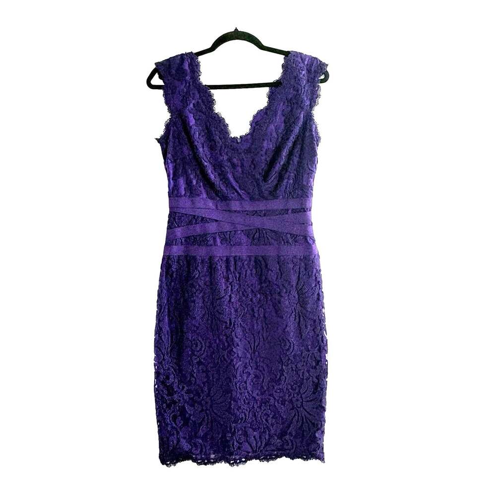 TADASHI SHOJI Women Embroidered Lace Sheath V Neck Dress Sz 8 Purple Jewel 57-1